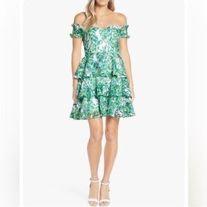 💚 Cicely Off the Shoulder Resort Green Floral Dress 0